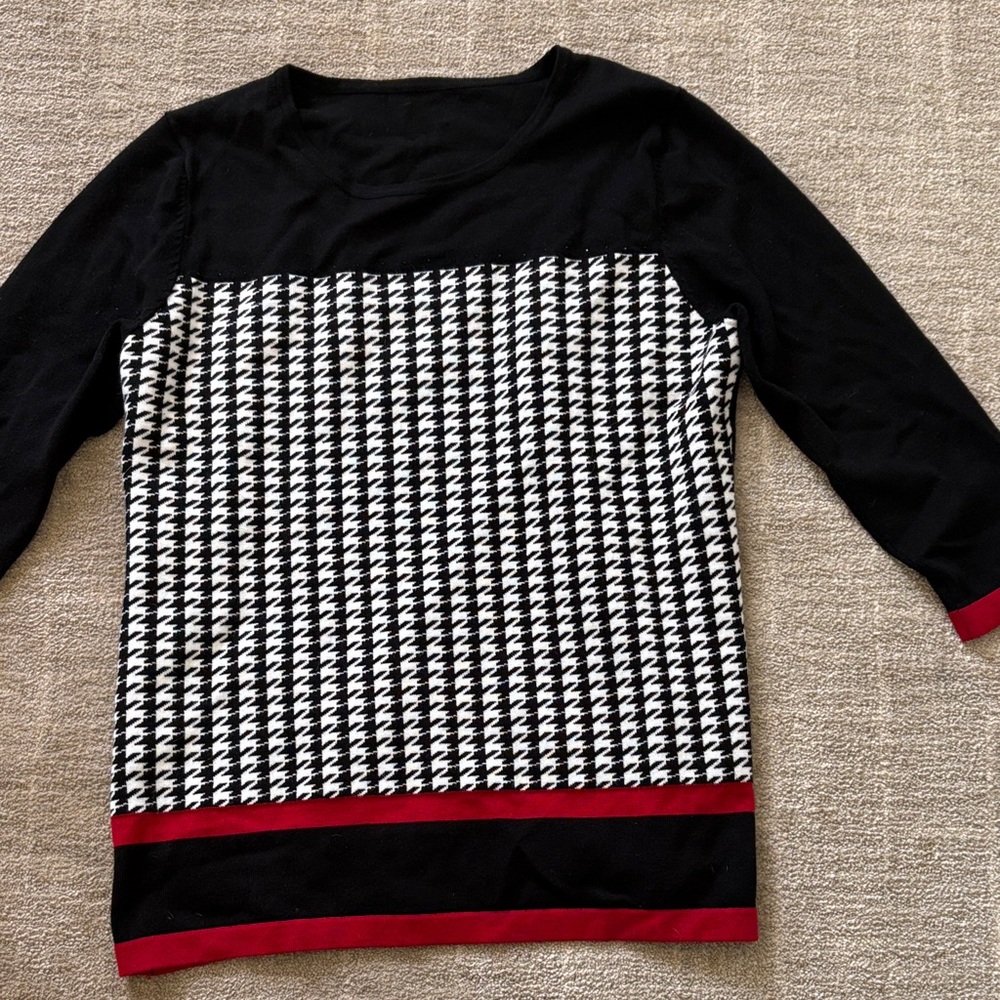 Black and White Houndstooth Top with Red Accents